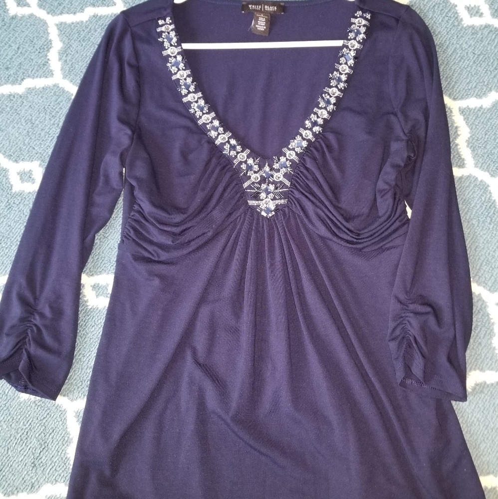WHBM Beautiful Embellished Navy V-Neck top